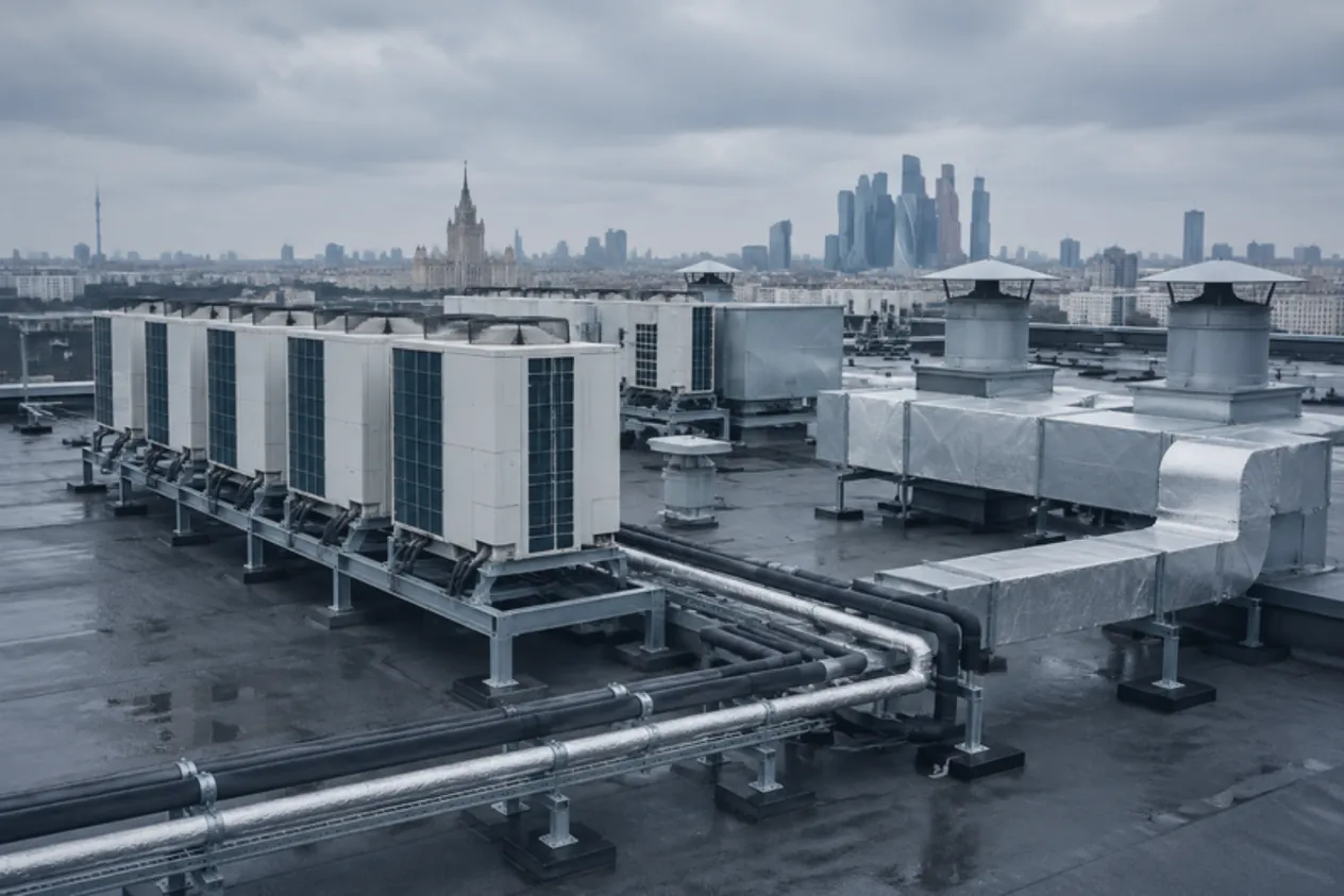 Кровля бизнес-центра: наружные блоки кондиционирования, крышные вентиляторы и воздуховоды